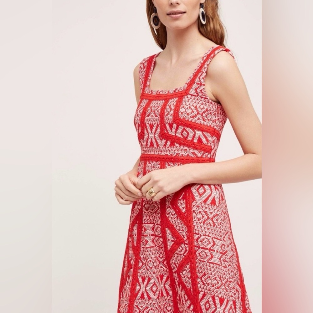 Anthropologie Maeve Emma Red & White Patterned Crochet Sleeveless Dress, size 6